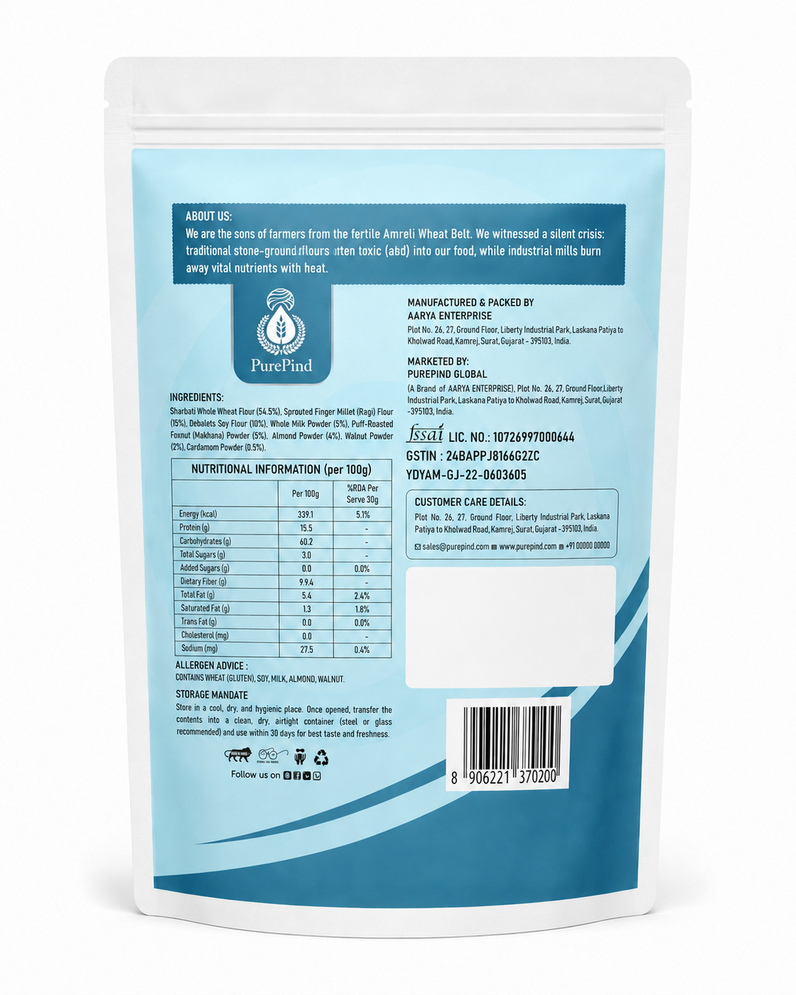 GrowGold Atta back of pouch with ingredients and nutrition information