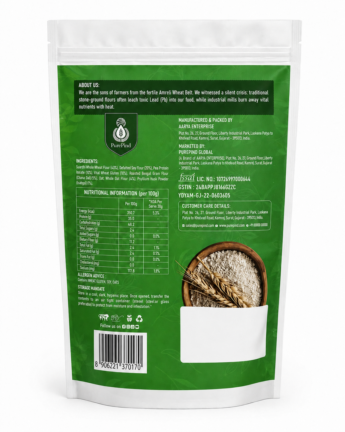 PurePind ProGain Protein Atta back of pouch with ingredients and nutrition information