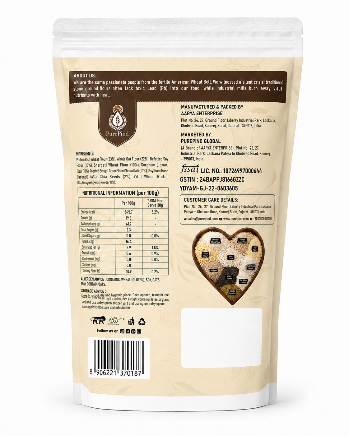 PurePind Sugar Steady Atta back pouch with ingredients and nutrition information