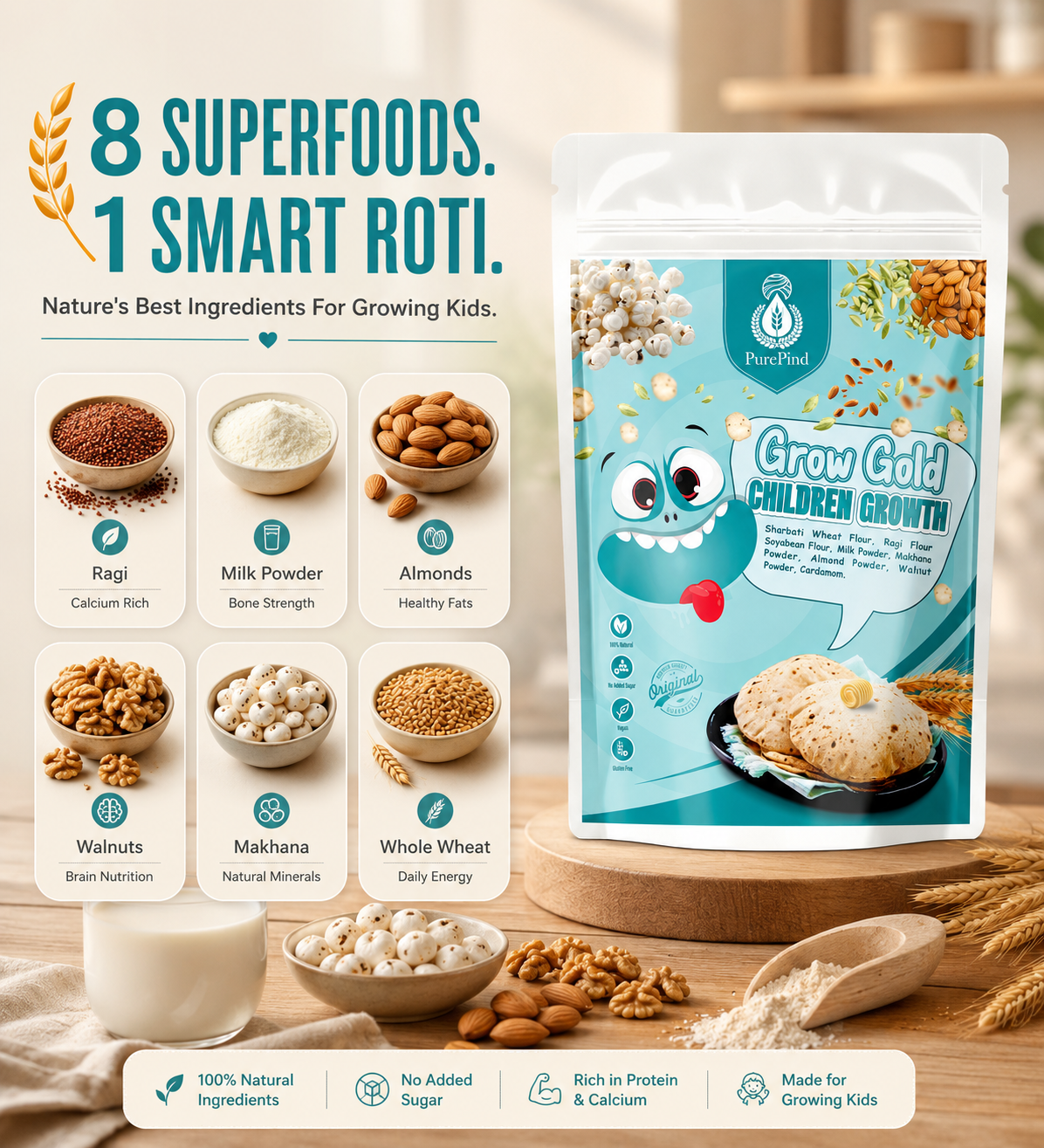 GrowGold Atta superfood ingredients for growing children