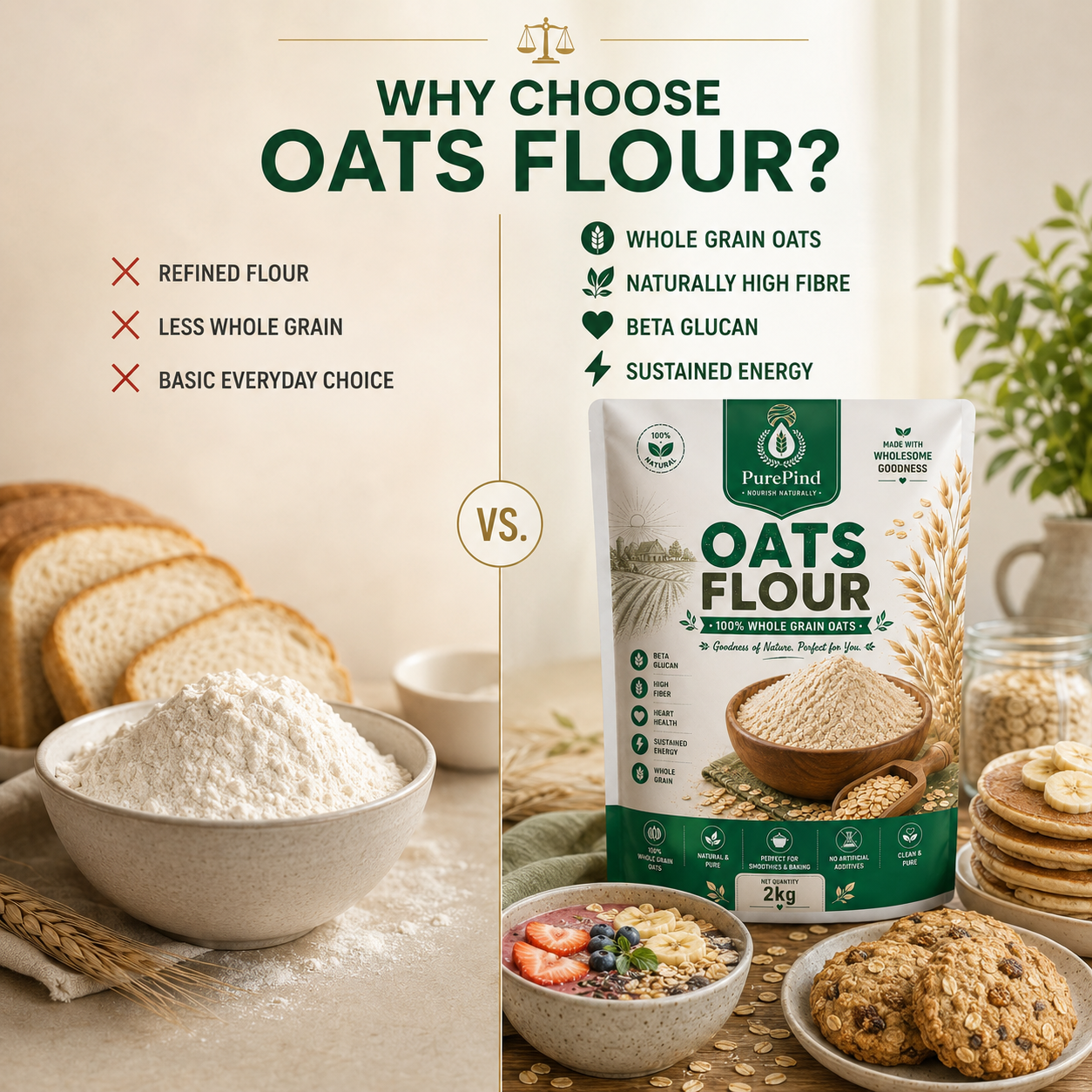 Oats Flour compared with refined flour