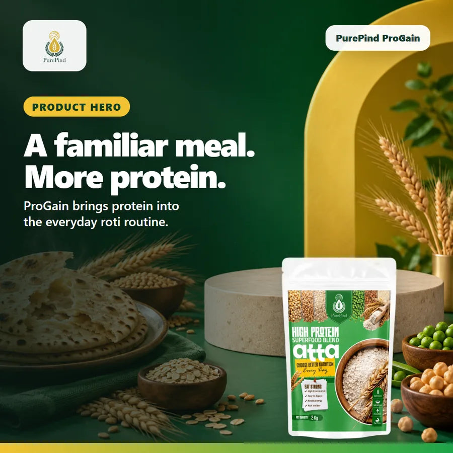 ProGain protein atta product story with roti and pouch